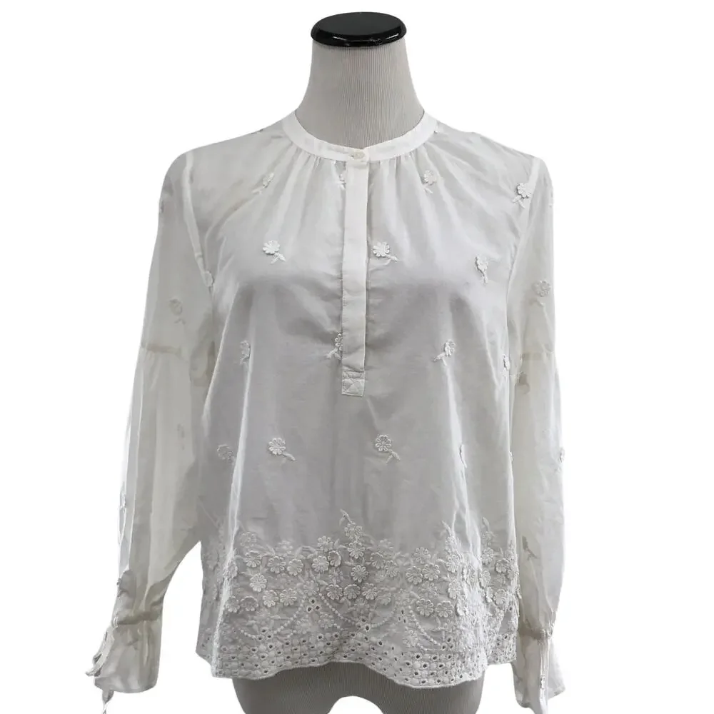 J. Crew White Embroidered Peasant Floral Popover Blouse